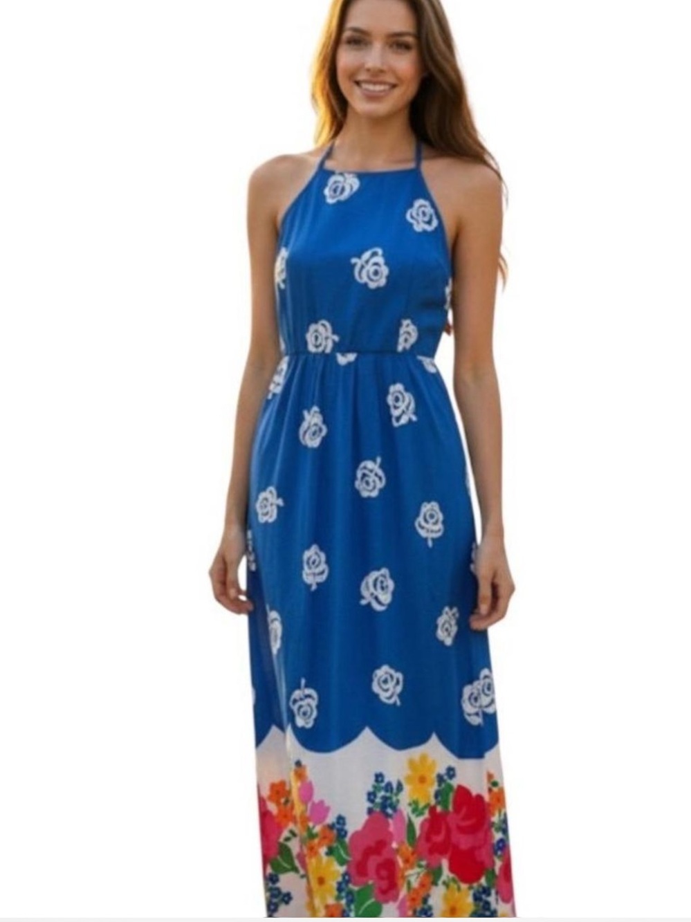 Vtg Malia Honolulu Floral Maxi Dress Halter Boho Resort A-Line Vacation Summer - Picture 5 of 7